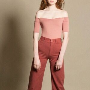 New Alix Terracotta Mauve Nude Pink Beverly Off shoulder Bodysuit monochromatic